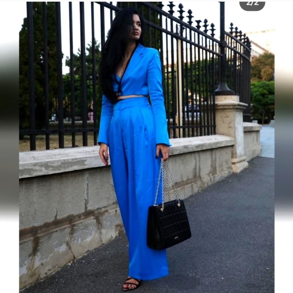 Zara Satin Effect Wide Pants Trousers Blue - Picture 8 of 13